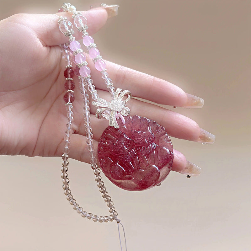 桃花狐狸-天然粉水晶项链九尾狐吊客吊坠草莓晶白水晶饰品挂件