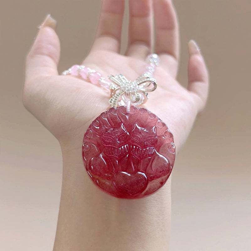 桃花狐狸-天然粉水晶项链九尾狐吊客吊坠草莓晶白水晶饰品挂件