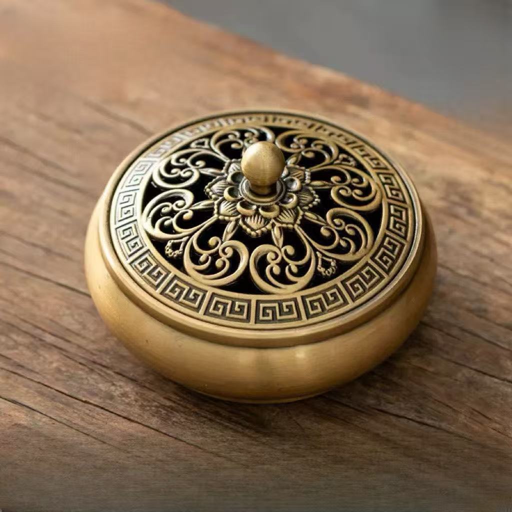 复古金莲平底合金香炉盘香炉