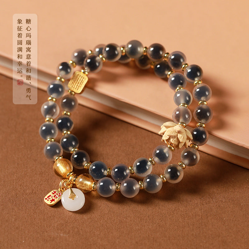 金箔琉璃黄杨木莲花双圈手串平安扣佛珠仙气手链