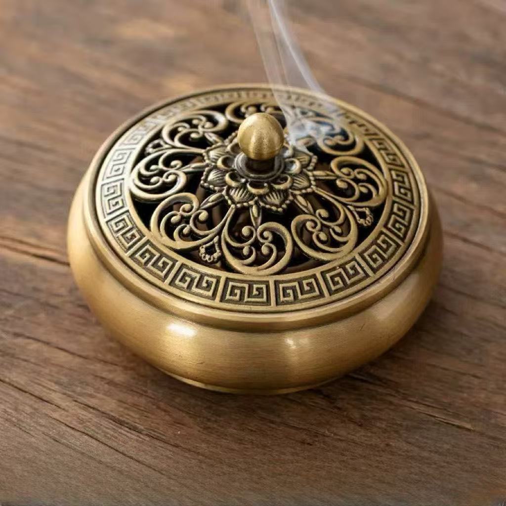 复古金莲平底合金香炉盘香炉