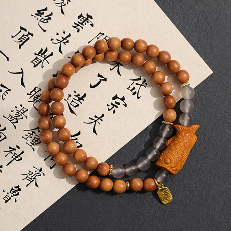 檀香花梨木珠拼灰玛瑙上岸锦鲤手串