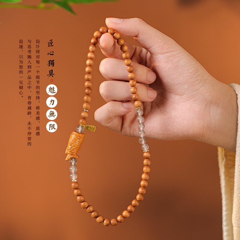 檀香花梨木珠拼灰玛瑙上岸锦鲤手串