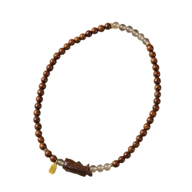 檀香花梨木珠拼灰玛瑙上岸锦鲤手串