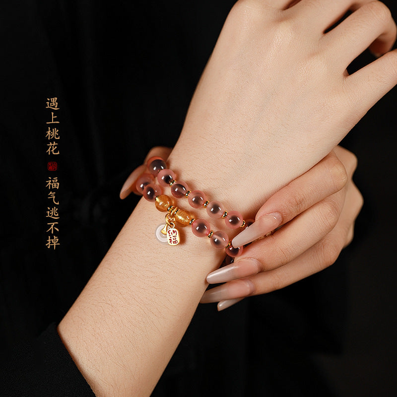 金箔琉璃黄杨木莲花双圈手串平安扣佛珠仙气手链